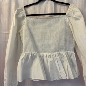J. Crew White Puff Sleeve Smocked Peplum Blouse